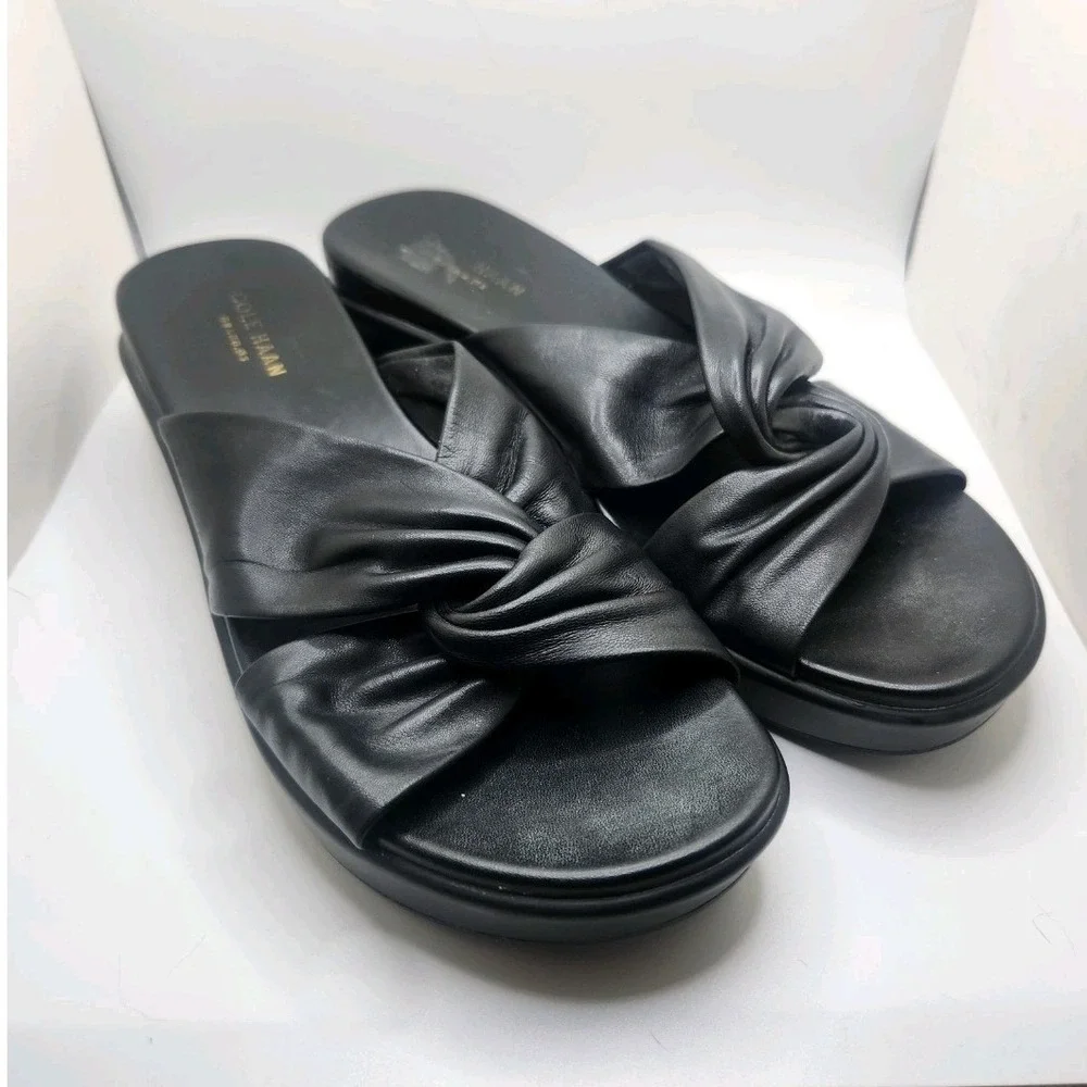 Cole Haan Grand.OS Black Leather Twist Knot Wedge Platform Sandals W14026 Sz 8.5